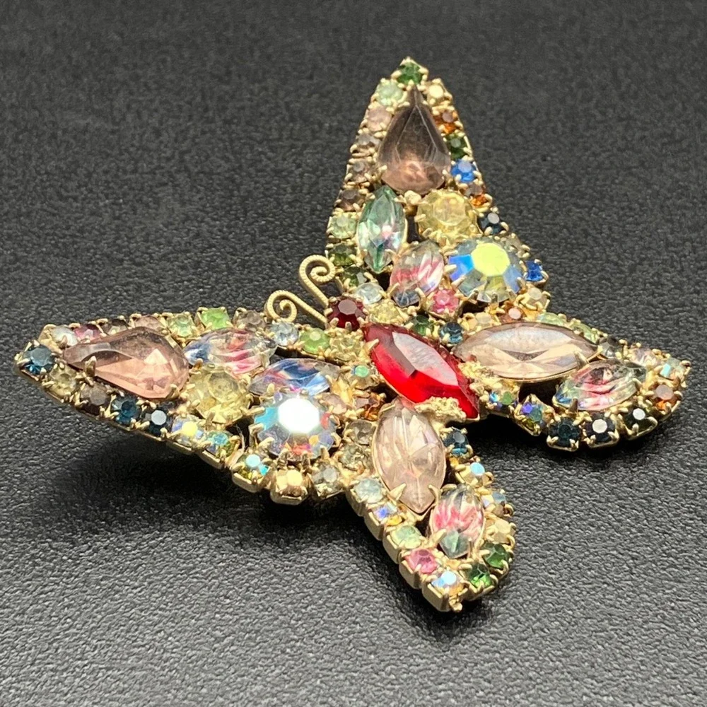 Weiss Butterfly Brooch Multicolor Givré Iris Glass Rhinestone Signed 1950s